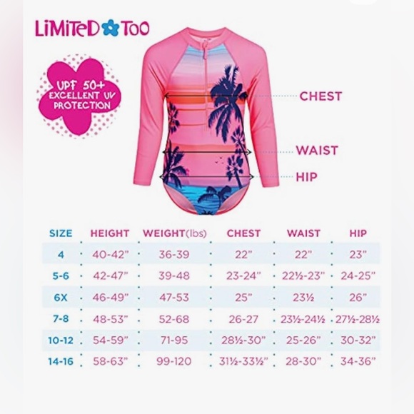 Limited Too Girls’ Rashguard – UPF 50+ One Piece Long Sleeve Sun/Sand Protection - Picture 6 of 11